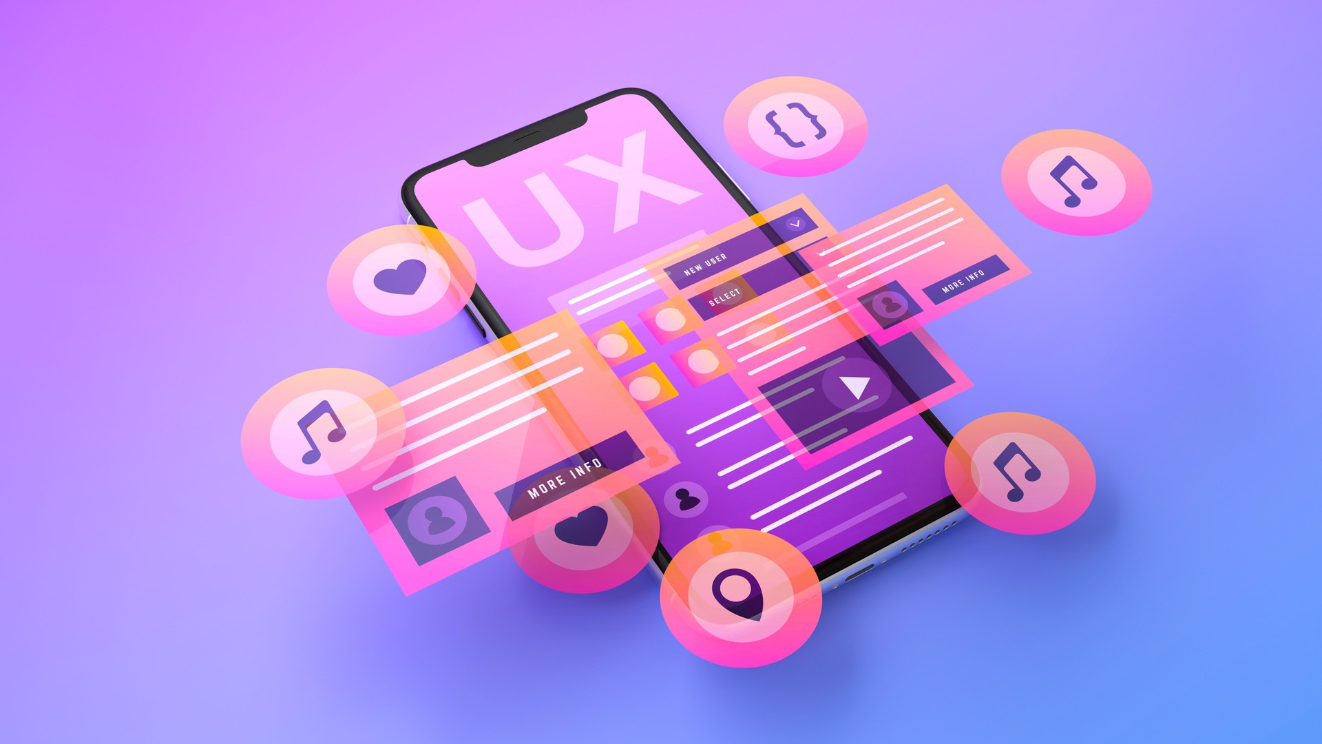 User Experience in Focus: Smartphone with UX Design Elements Floating Above the Screen.